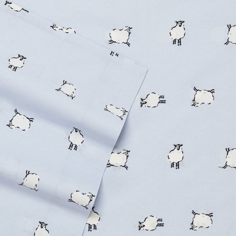 Ensemble de draps en coton percale Poppy & Fritz, Ensemble de draps lit simple + 1 taie d'oreiller, Bleu / mouton