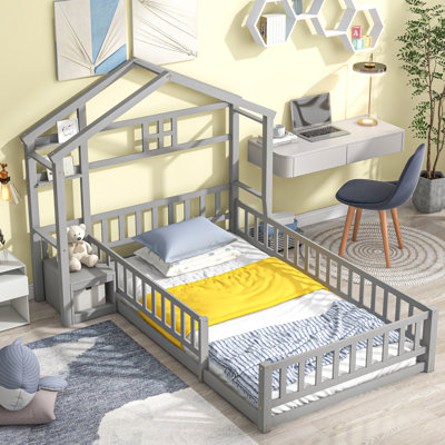 Twin Size House Shape Headboard Floor Bed Framewith Guardrails, Slats Support, Nightstand