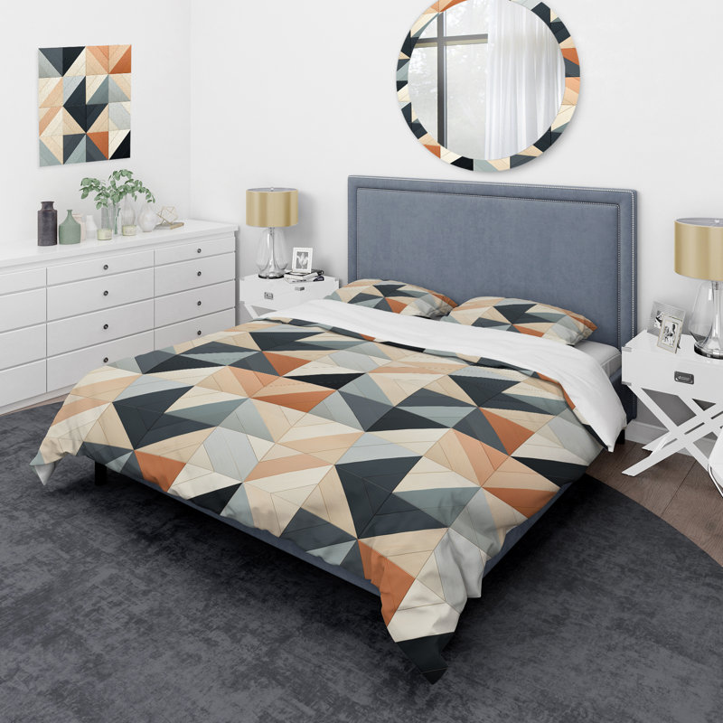 Natural Tones Grey And Beige Mosaic Geometric Shapes Duvet Cover, King Duvet Cover + 2 King Shams, Geometric Shapes 24