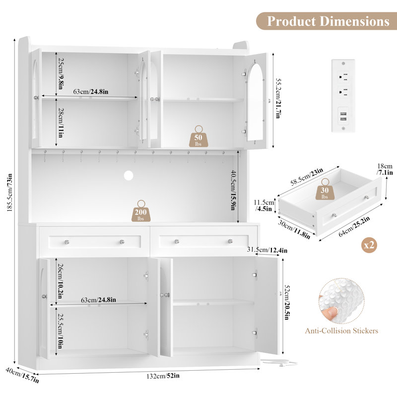 Garde-manger de 72 po de hauteur avec support pour micro-ondes, armoire à café, White