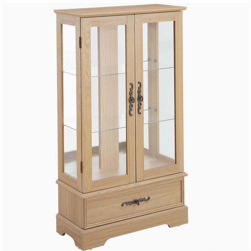 Glass Cabinet Lighted Glass Cabinet Curio Display Cabinet with Adjustable Glass Shelves 2 Doors and 1 drawer Cabinet Bulb Included OAK