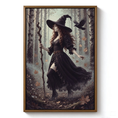 Sorcière d'Halloween en robe rouge dans les bois, tableau sur toile encadré, cadre marron, 50 x 75 cm