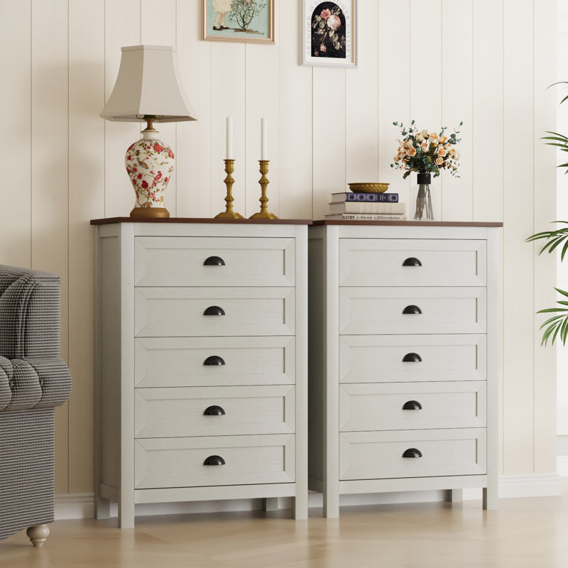 Rilynn 43.4" H 5- Drawer Dresser, Tall Chest Of Drawers, Closet Storage For Bedroom, White/Brown