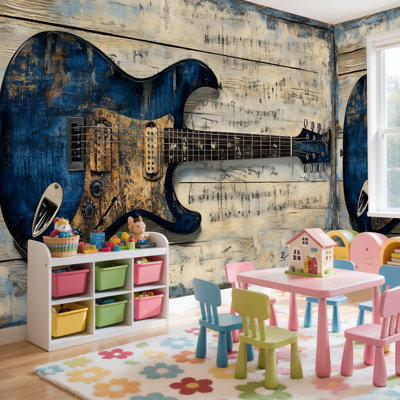 Papier peint adhésif mural bleu moderne, guitare, thème musical, feuille de musique électrique, texture de bois, papier contact adhésif amovible, décoration murale pour le salon, chambre à coucher H 69 po x l 96 po