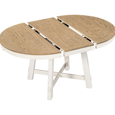 Table de salle à manger extensible ronde - bois de chêne naturel + blanc antique. Avec plateau en placage, cadre solide. 42 po. 58 po. Sièges. Structure stable. Table de salle à manger avec charme de 300 à 42 lb à 58 po, charme, blanc