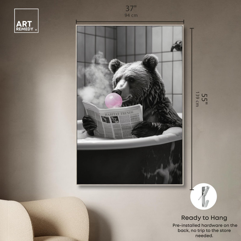 Ours de bain fumant Art Remedy, H 55 po x l 37 po, Encadrement argenté