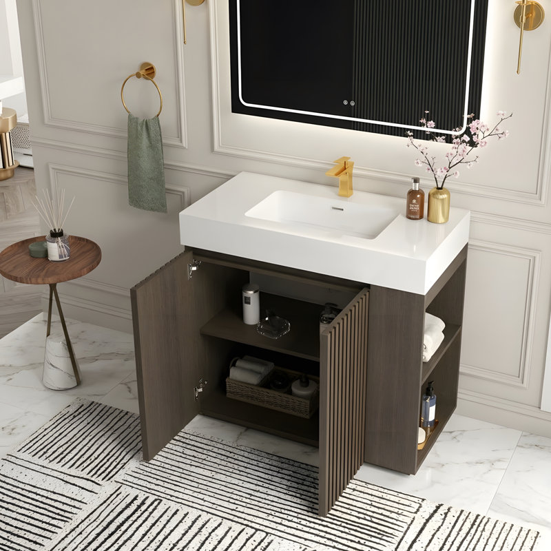 Grande salle de bain autoportante avec rangement, Gris foncé, Blanc