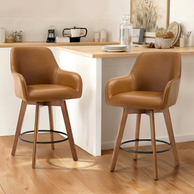 25" Swivel Upholstered Counter Stool With Solid Rubberwood Frame &  Full Back Arms