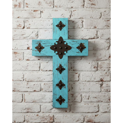  Dotted Wood Wall Cross Distressed Turquoise Decorative Faith Wall Decor 14.5"L
