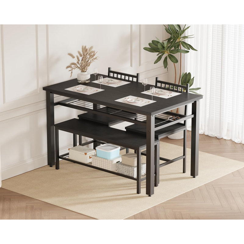 4-Piece Farmhouse Dining Set – Kitchen Table, 2 Chairs, Bench & Storage Rack – Metal Frame Dining Furniture for Small Spaces and Apartments