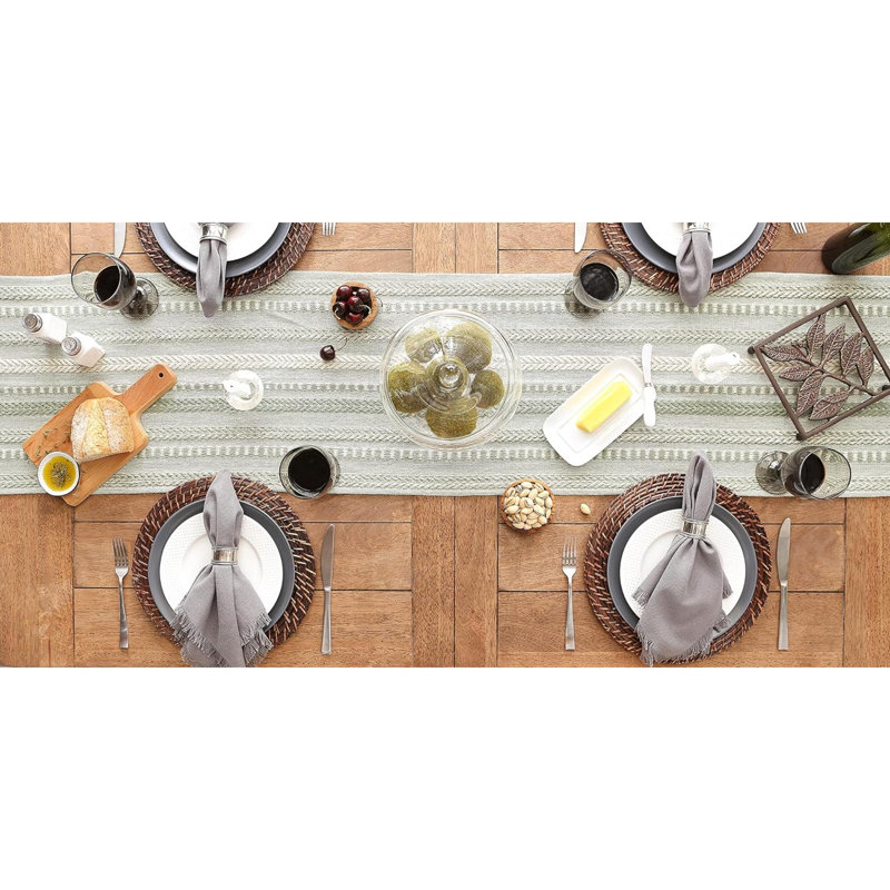 Elco Striped Table Runner, Green/Beige, 15" x 113""