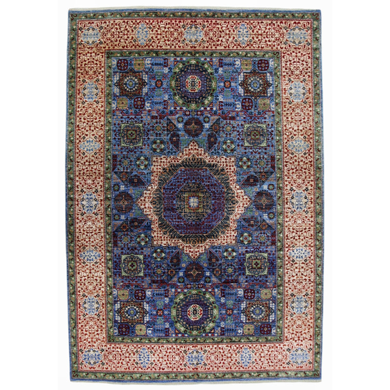 Tapis bleu et beige noué à la main de haute qualité