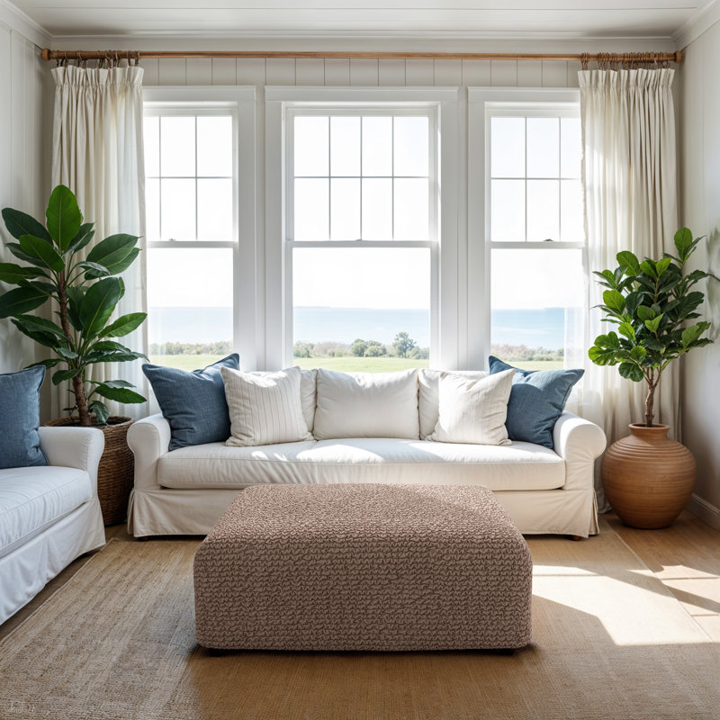 Stretchy Slipcover for Ottoman - Easy to Clean & Durable - Comfort Collection, Soft Taupe, Medium