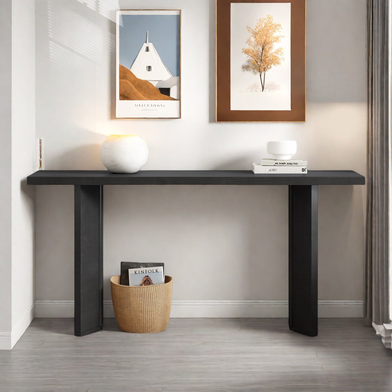 Console moderne avec structure de forme géométrique et grain de bois, Noir