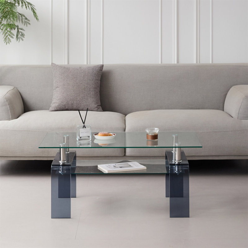Table basse moderne à 2 niveaux en verre trempé avec tablette de rangement | Table centrale peu encombrante pour le salon et les petits espaces