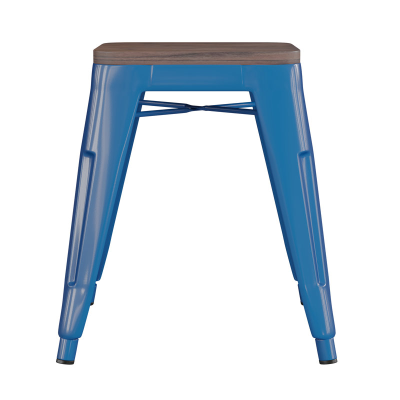 Tabouret de table intérieur en métal empilable de 18 po avec siège en bois Alsadig, Bleu