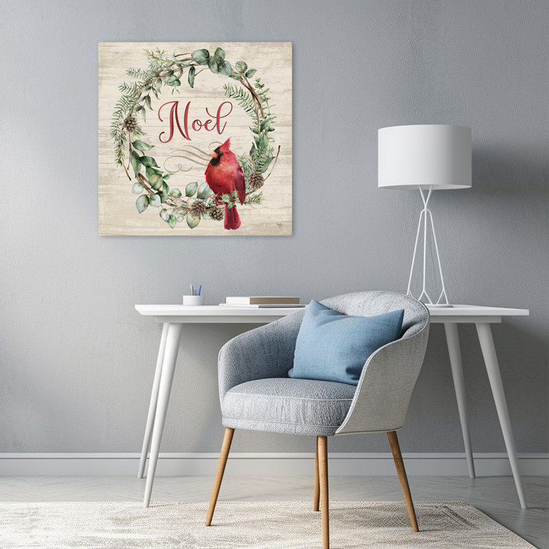 Noel, cardinal, couronne, art contemporain, verdure, H 24 po x l 24 po