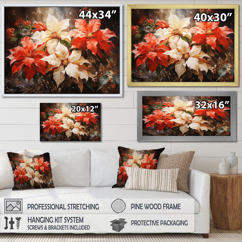 «Poinsettia Flower Impressionistic Glow», reproduction sur toile, Cadre flottant doré, H 30 po x l 40 po x P 1,5 po