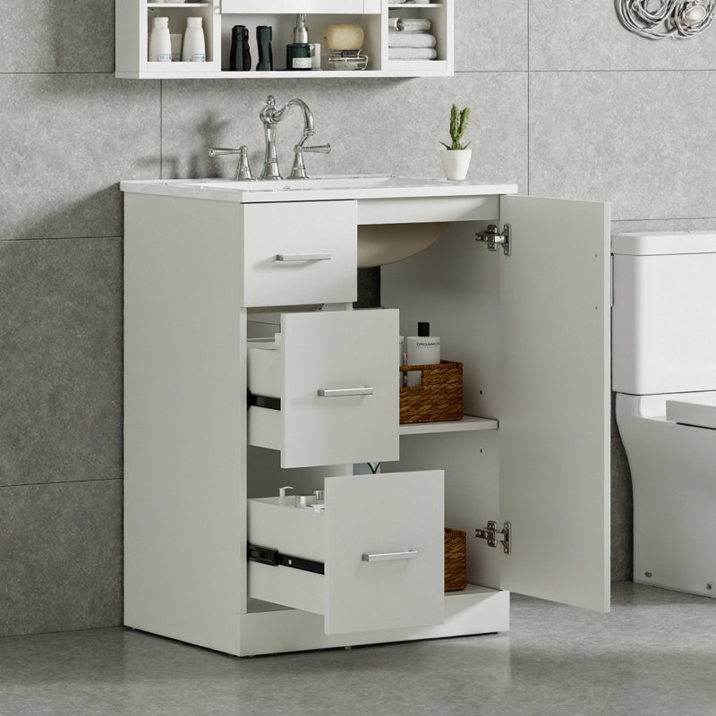 Meuble-lavabo moderne noir 24 po avec lavabo | 2 tiroirs et porte à fermeture douce pour les petits espaces, Blanc