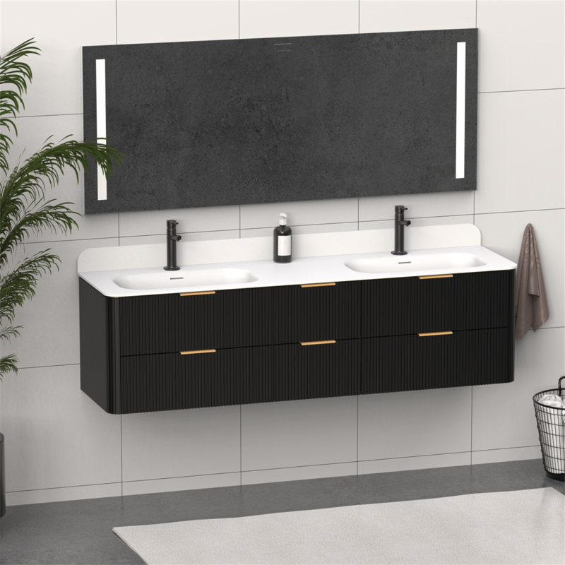 Meuble-lavabo cannelé en chêne noir 72 po avec lavabo intégré et quincaillerie dorée