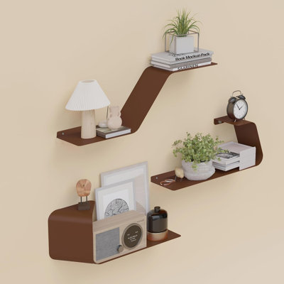 Suspended wall frame set of 3 pieces, metal installation frame, unique design, bookshelf for bathroom, bedroom, kitchen, living room, brown