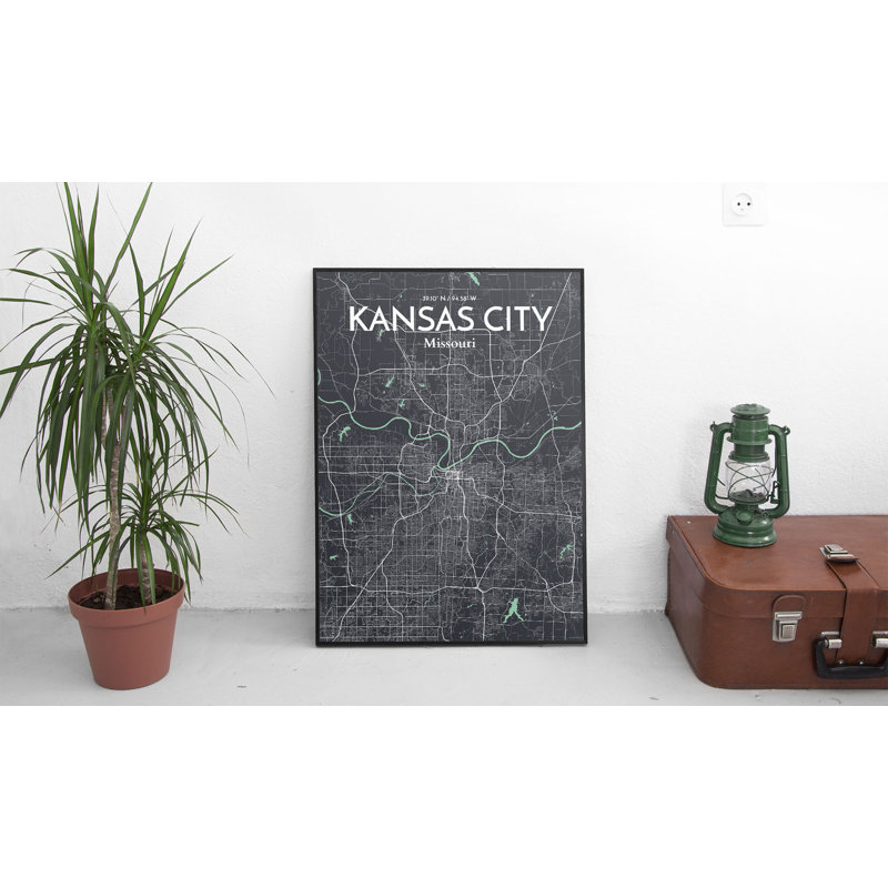 «Kansas City Map», reproduction d'impression sur affiche en noir, H 17 po x l 11 po