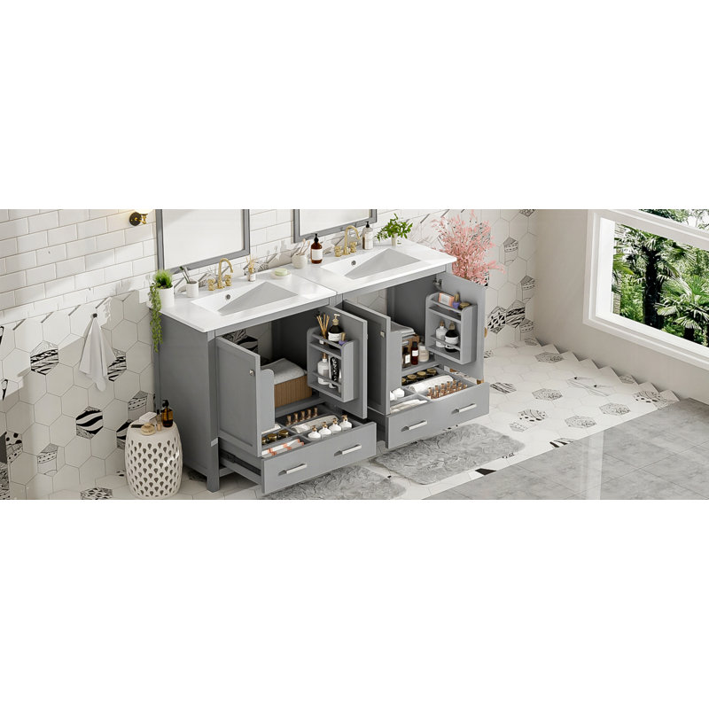 Ensemble de meuble-lavabo double 60 po, Gris, Argent