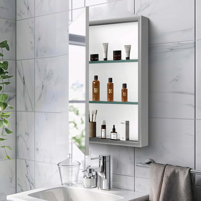 Pharmacie 15 po x 26 po en aluminium avec tablettes réglables en verre