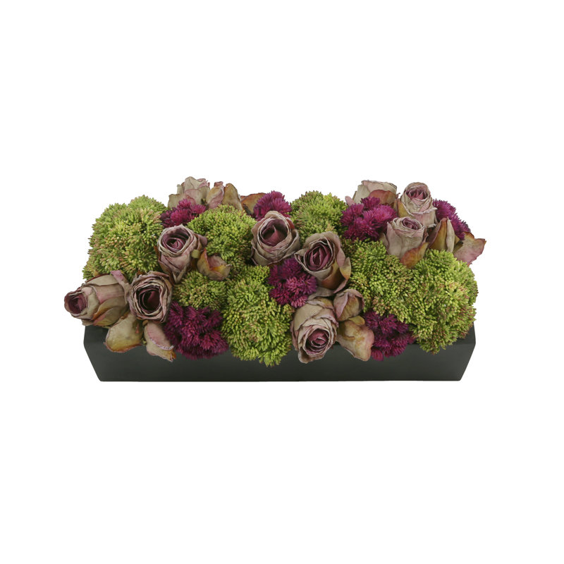 Assorted Sedum and Roses in Fiberstone Planter