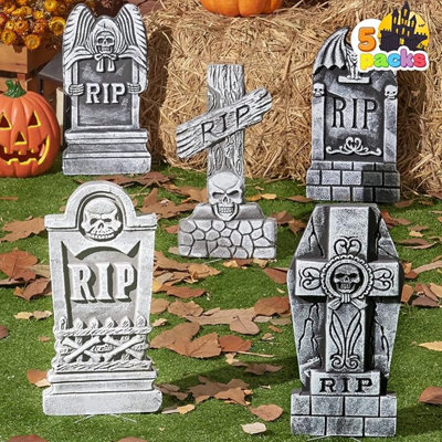 17” Halloween Foam RIP Graveyard Tombstones (5 Pack), Halloween Tombstones Decorations Outdoor For Graves With 12 Metal Stakes For Cemetery Yard Lawn Party Decor