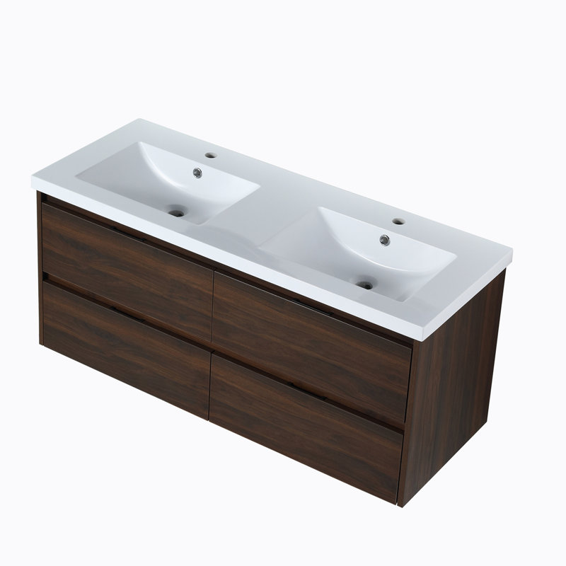Meuble-lavabo de salle de bain avec lavabo double, lavabo en résine, 4 tiroirs à fermeture en douceur