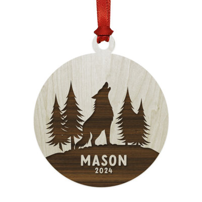 Custom Laser Engraved Wooden Wolf Ornament With Trees Christmas Decoration For All Ages