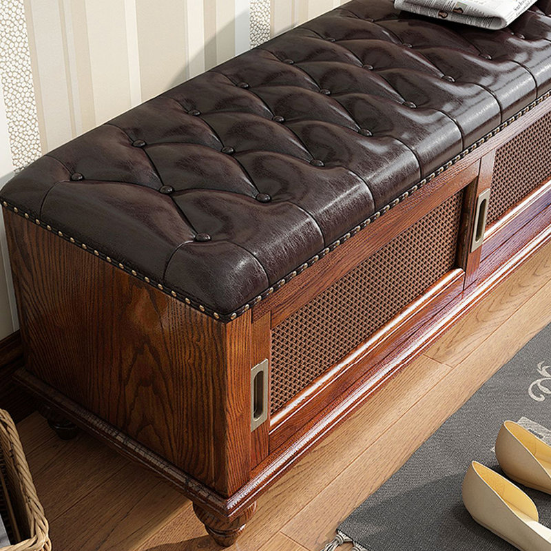 Banc de rangement en cuir tissé à la main en rotin et en cuir pour 8 paires de chaussures