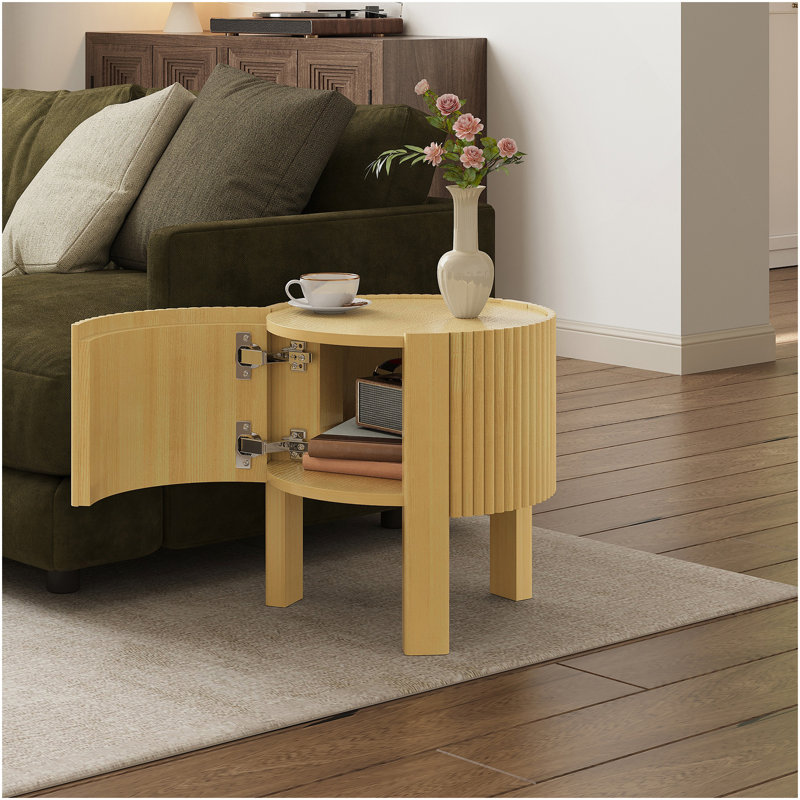 Table d'appoint ronde cannelée avec rangement pour le salon, bois d'hévéa, porte à fermeture en douceur, naturel, 19,6 po