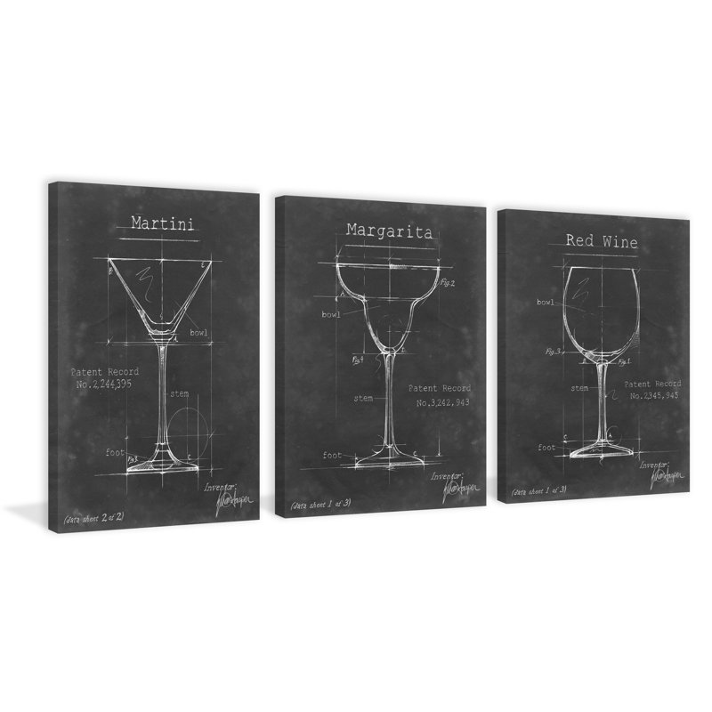 «Flippen Barware Blueprint» par Marmont Hill - ensemble de 3 reproductions de dessins sur toile tendue, H 12 po x l 8 po