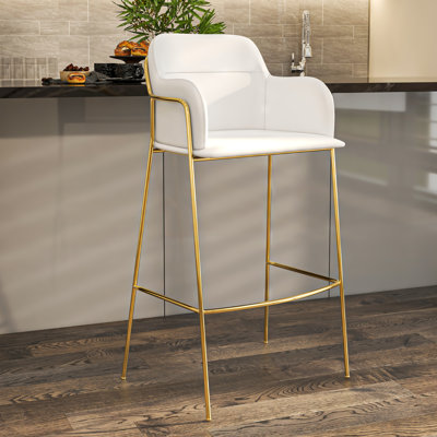 Tabouret de bar rembourré Wainaku - base en acier inoxydable doré, siège en similicuir rembourré à dossier bas, sièges d'appoint contemporains