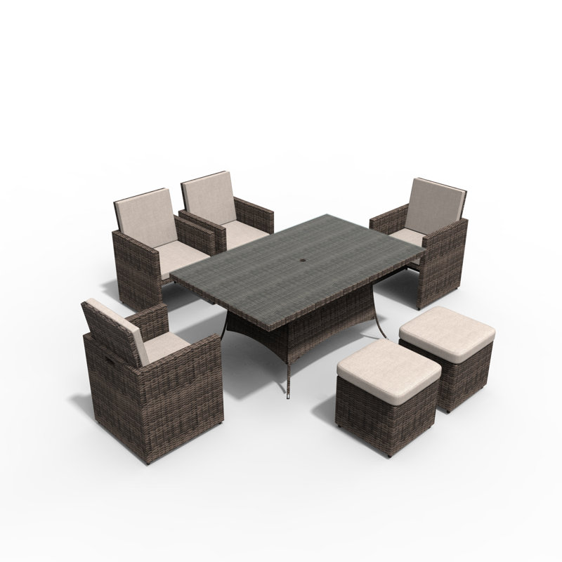 6 - Person Wicker Patio Dining Set with Rectangular Table , Cushions Included, Brown