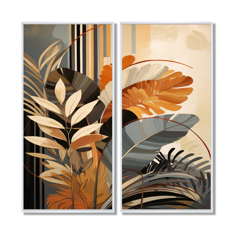 Funky Foliage In Terracotta Tones - Abstract Botanicals, impressions sur toile, art mural abstrait jaune, 2 pièces, Blanc