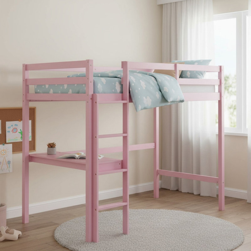 Lit mezzanine en bois massif avec barrière de sécurité, bureau intégré pour garçons et filles, Rose