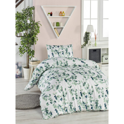 Soft Cotton-Polyester Single Quilt Cover Set, Green, White & Black, Duvet Cover 53.1 x 78.7 inches & Pillowcase 31.5 x 31.5 inches | 120 Thread Count, Machine Washable, Button Closure, Elegant Pigment Printing Design