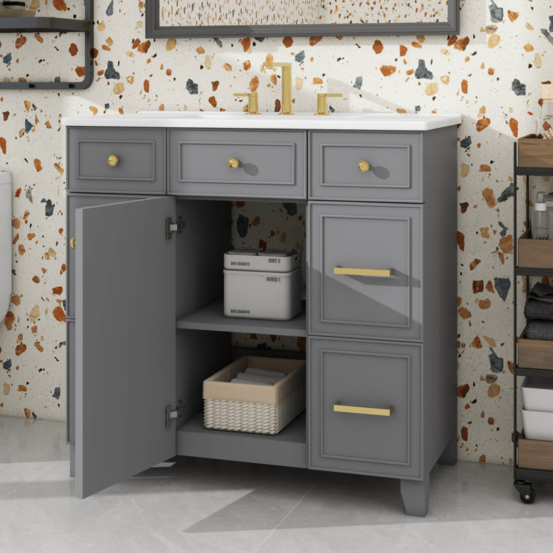 Meuble-lavabo 36 po avec lavabo en céramique, portes à fermeture douce, tablettes réglables et 3 tiroirs, Gris