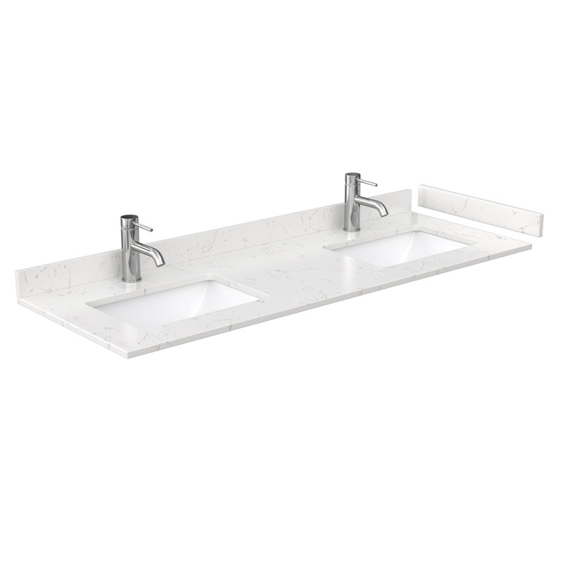60 In. W X 22 In. D Double Countertop In White Cultured Marble With Undermount Square Sinks, Backsplash, And Sidesplash