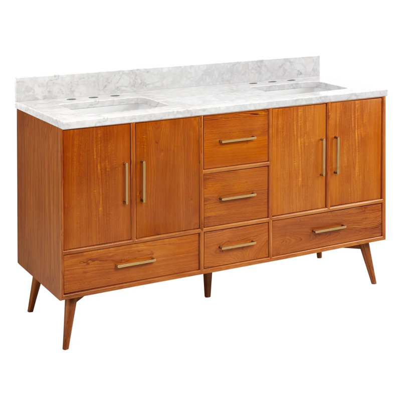 60" Novak Double Bathroom Vanity Set with Rectangular Undermount Sinks, 8" Widespread, Carrara Marble, Natural Teak