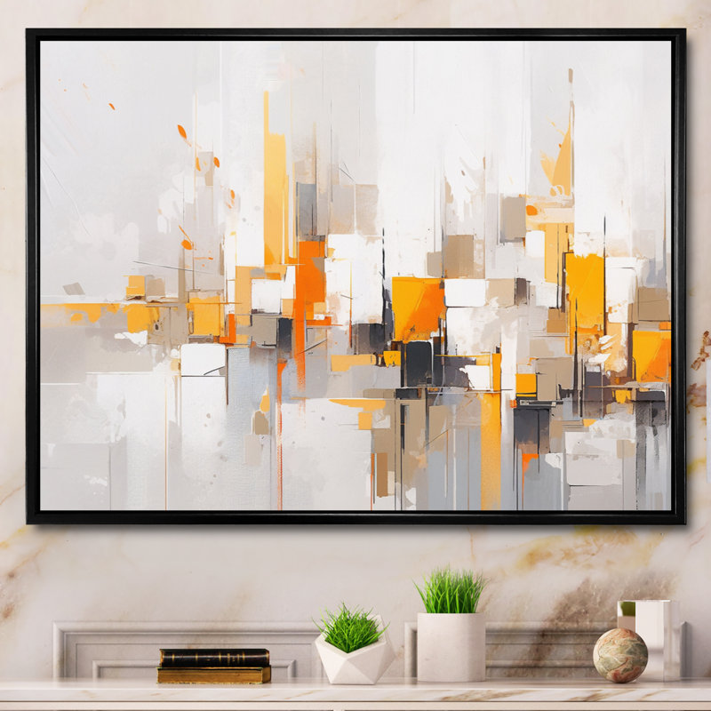 «Gray Yellow Symmetometric Abstract», reproduction sur toile, Cadre flottant noir, H 34 po x l 44 po x P 1,5 po