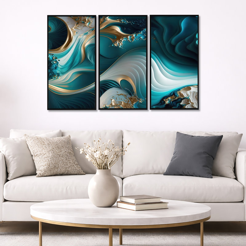 Géode abstraite turquoise II - reproduction de 3 pièces, Noir, H 28 po x l 36 po x P 1 po