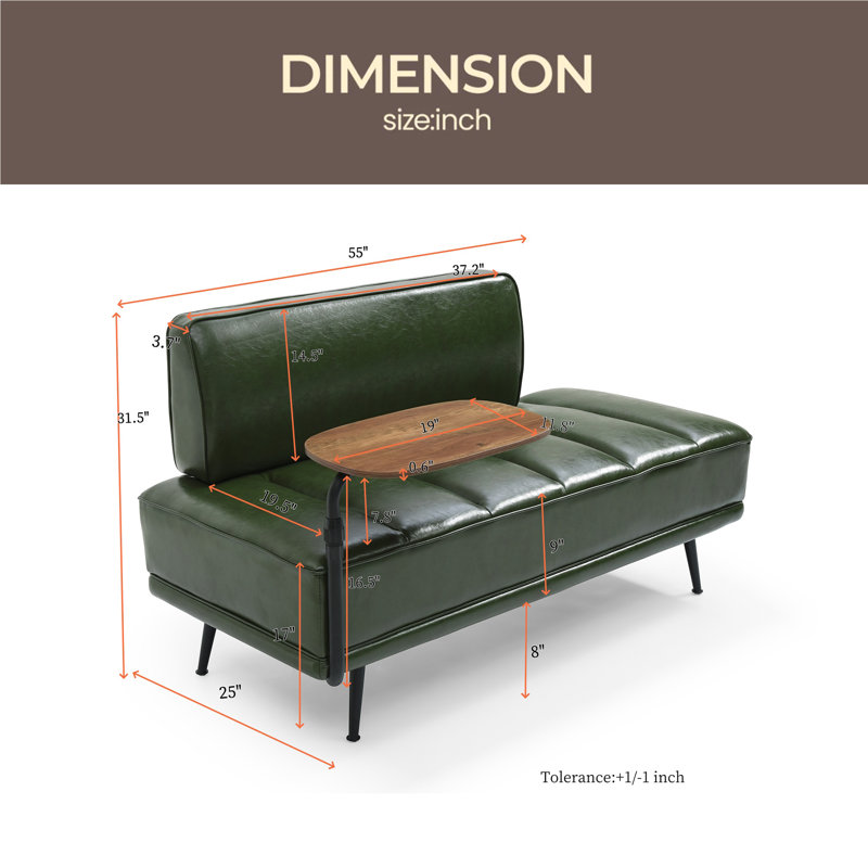 55"Inch Width Modern End Of Bed Bench,Faux Leather Upholstered With Side Table, 360-Degree Swivel Tray Couch,Entryway Ottoman,Window Bench With Metal Legs For Bedroom, Living Room