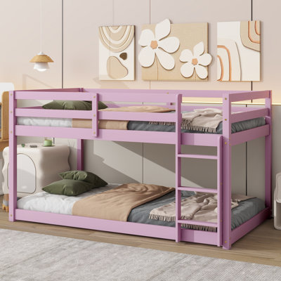 Wood Twin Over Twin Floor Bunk Bed with Ladder, Twin Size Bunk Bed for Teens, No Box Spring Needed