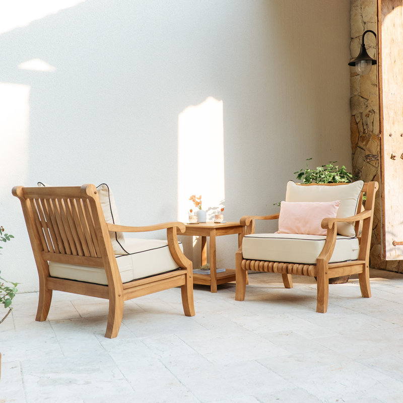Jo Teak Outdoor 2 - Person Seating Group with Cushions, Taupe with Black Piping, Natural Teak