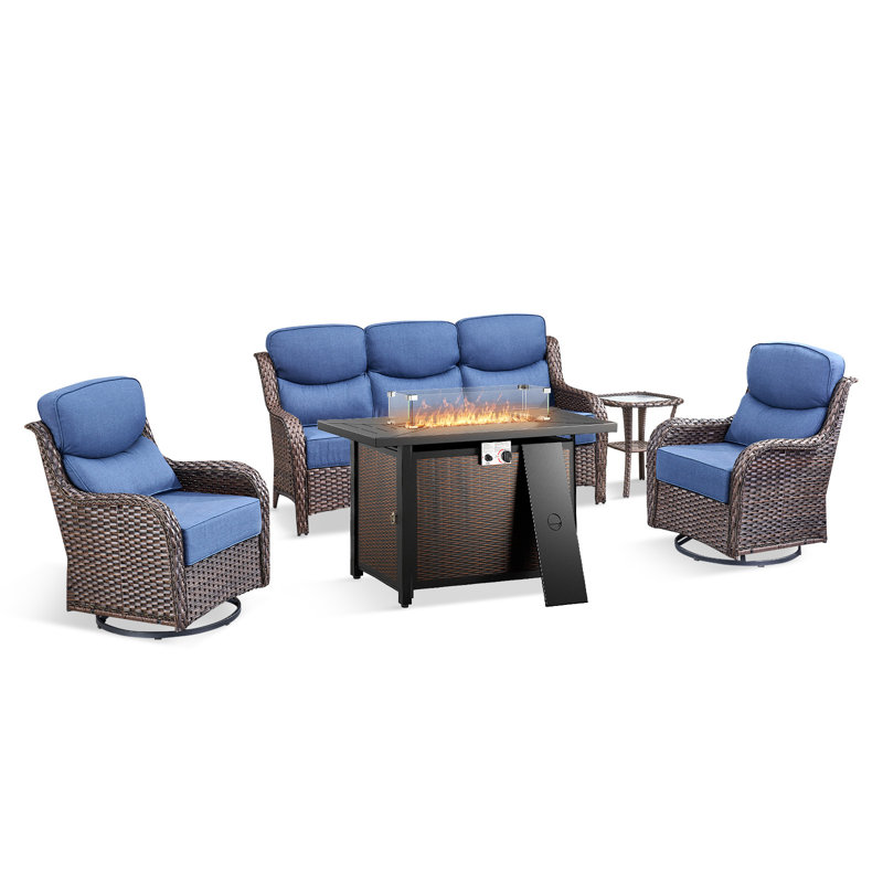 Prunier 5-Piece All-Weather Wicker Patio Rectangle Metal Fire Pit Table Conversation Set With Swivel Gliders, Sofa And Side Table For Outdoor
