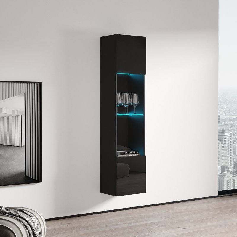 Fly 15.75" Floating Bookcase with 16-Color LED Lighting, High Gloss Finish, Black